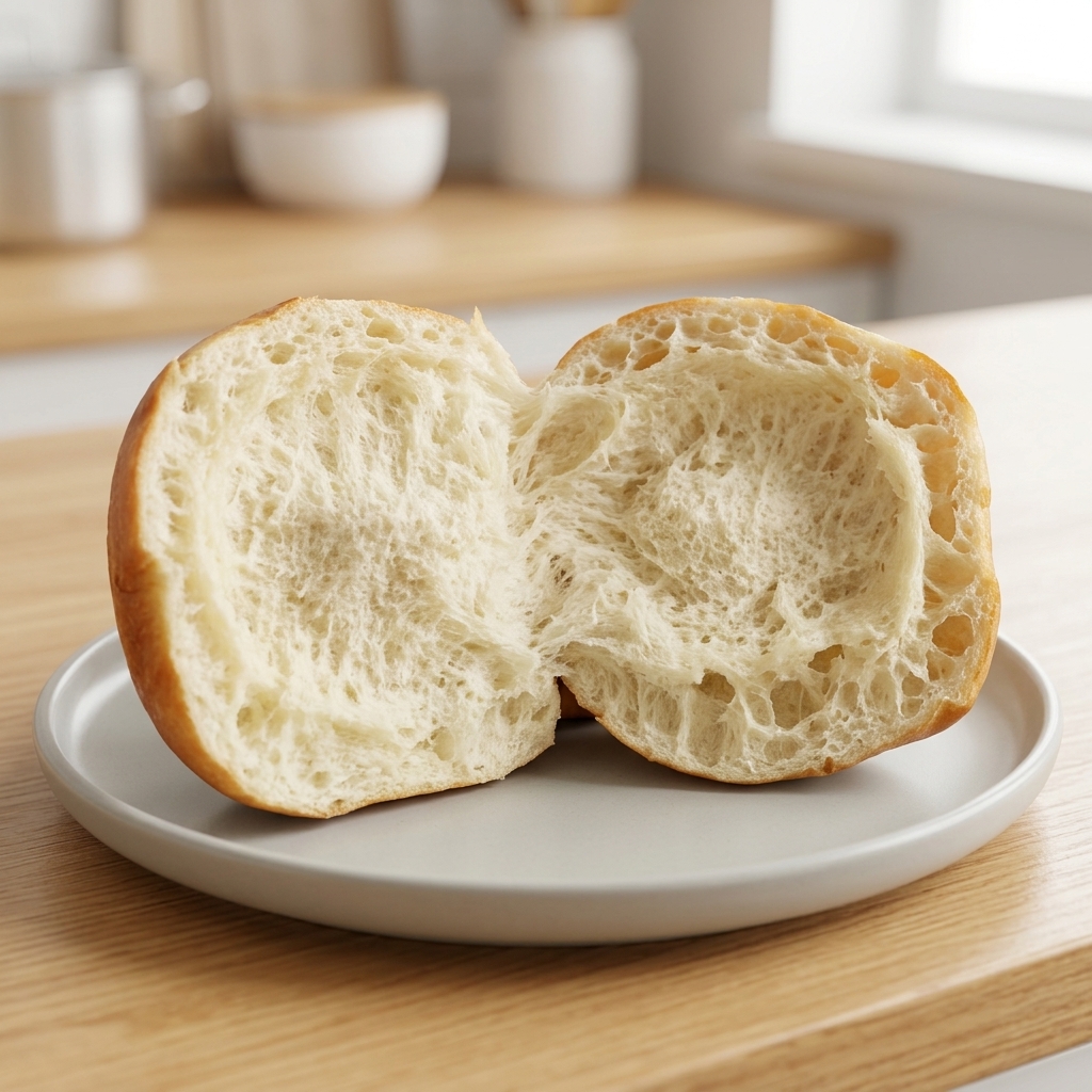 Nahaufnahme der fluffigen Innenseite eines Burgerbrötchens.