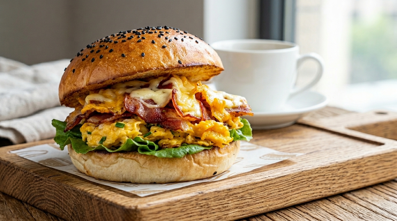 Schneller Frühstücksburger mit Speck und Rührei