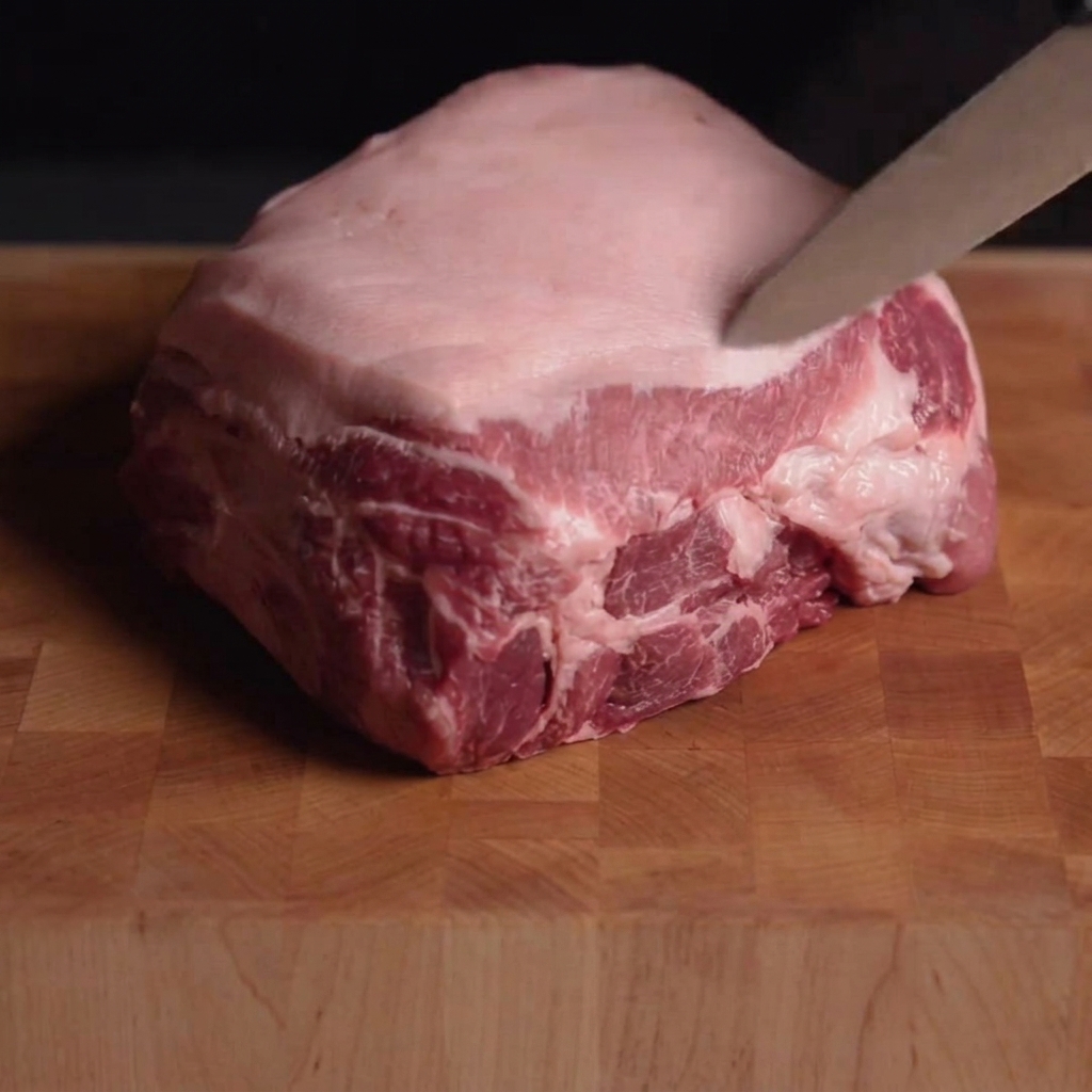 Ein scharfes Messer schneidet das Fettgewebe einer rohen Schweineschulter auf einem Holzbrett im Rautenmuster ein.