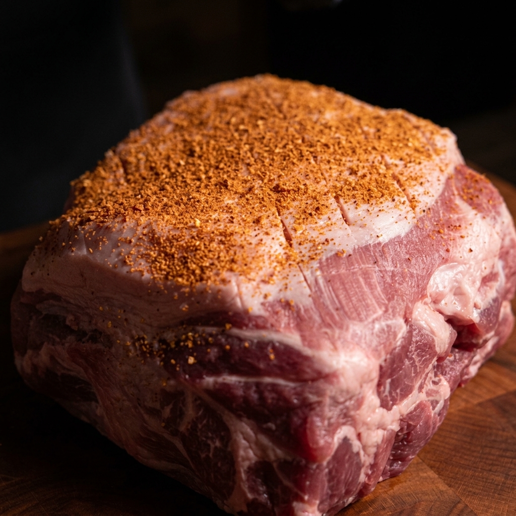 Eine rohe Schweineschulter auf einem Holzbrett, rundherum bedeckt mit einer groben, rötlich-braunen Gewürzmischung.