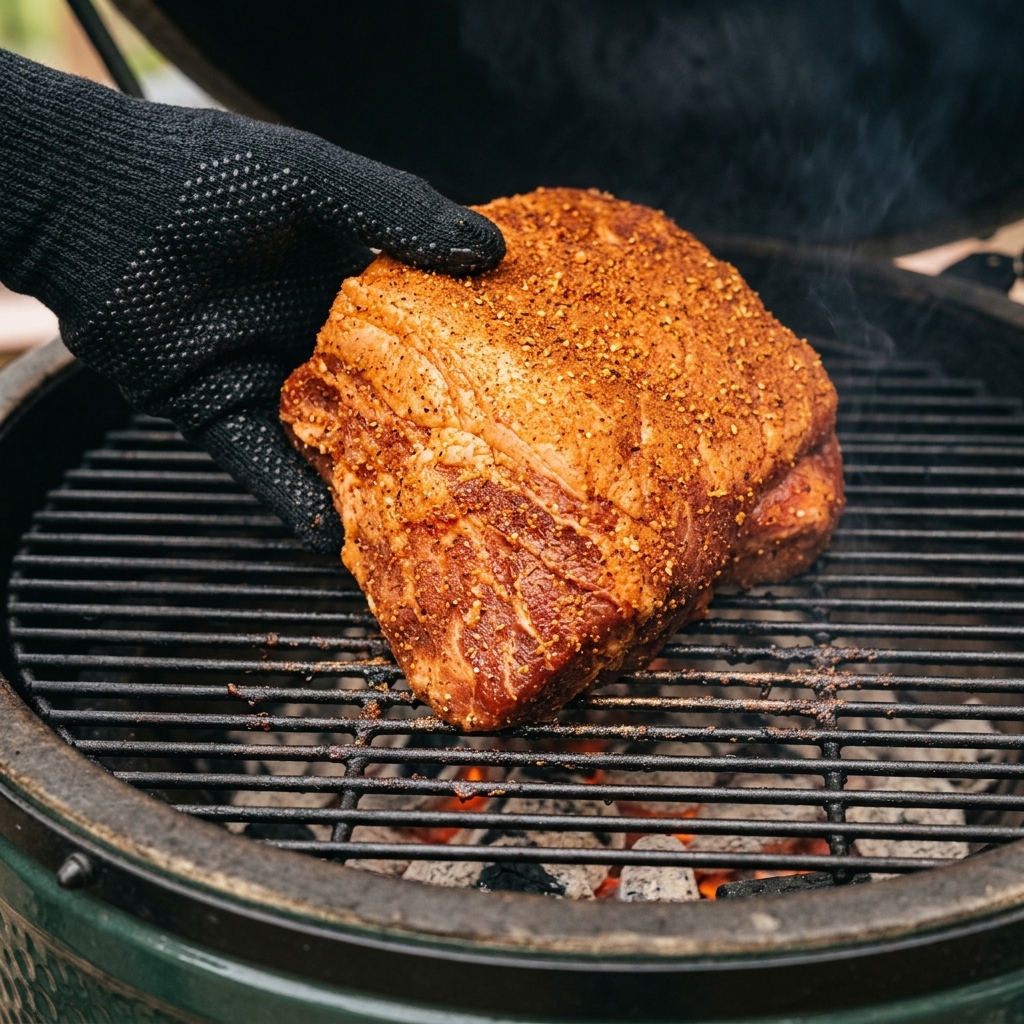 Jemand mit hitzebeständigen Handschuhen legt eine große, gewürzte Schweineschulter auf den Rost eines Holzkohle-Smokers.