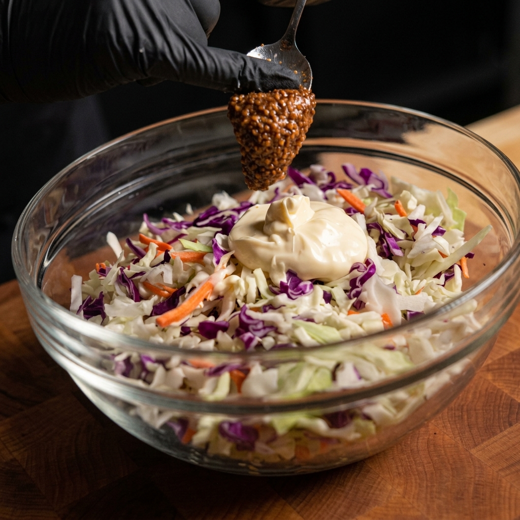 Ein Löffel mit körnigem Senf und ein Klecks Mayonnaise in einer Glasschüssel mit gehobeltem Kohl.