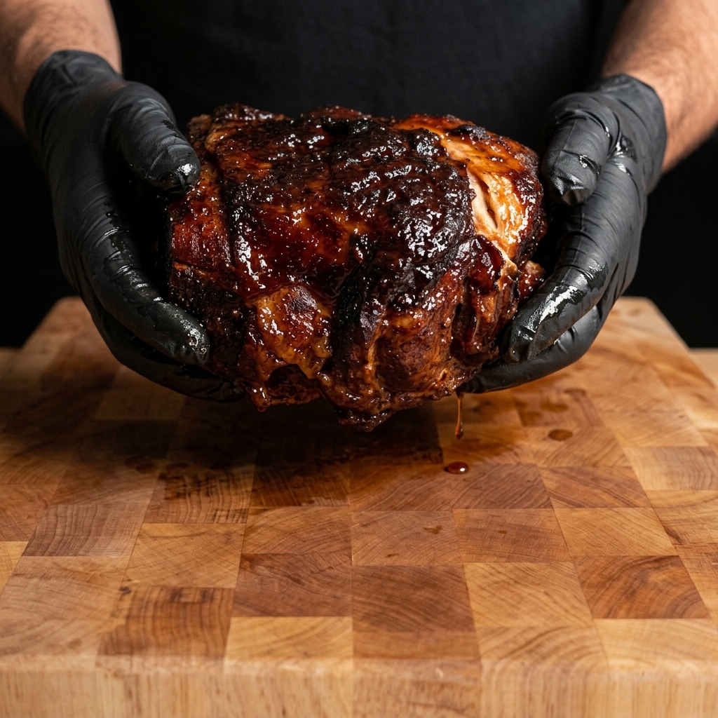 Behandschuhte Hände halten eine dunkelbraune, fertig geräucherte Schweineschulter über ein Schneidebrett.