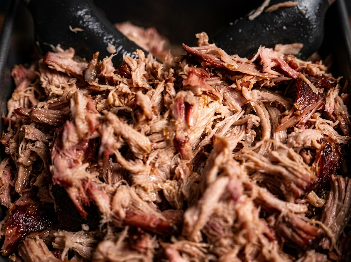 Nahaufnahme einer Schale voller frisch zerzupftem, zartem Pulled Pork.
