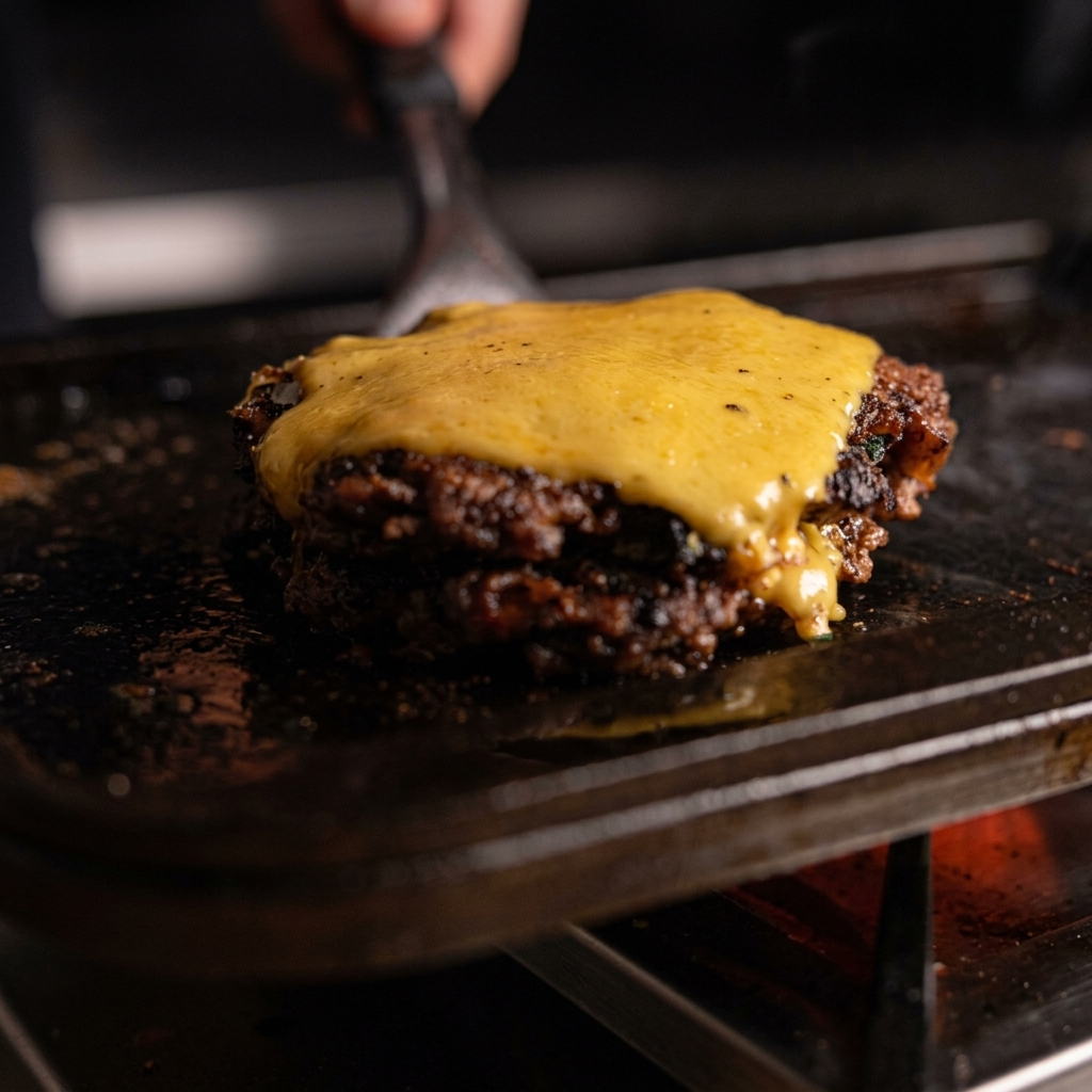 Eine perfekt geschmolzene Scheibe Käse auf einem knusprigen Pulled-Pork-Patty auf der Grillplatte.