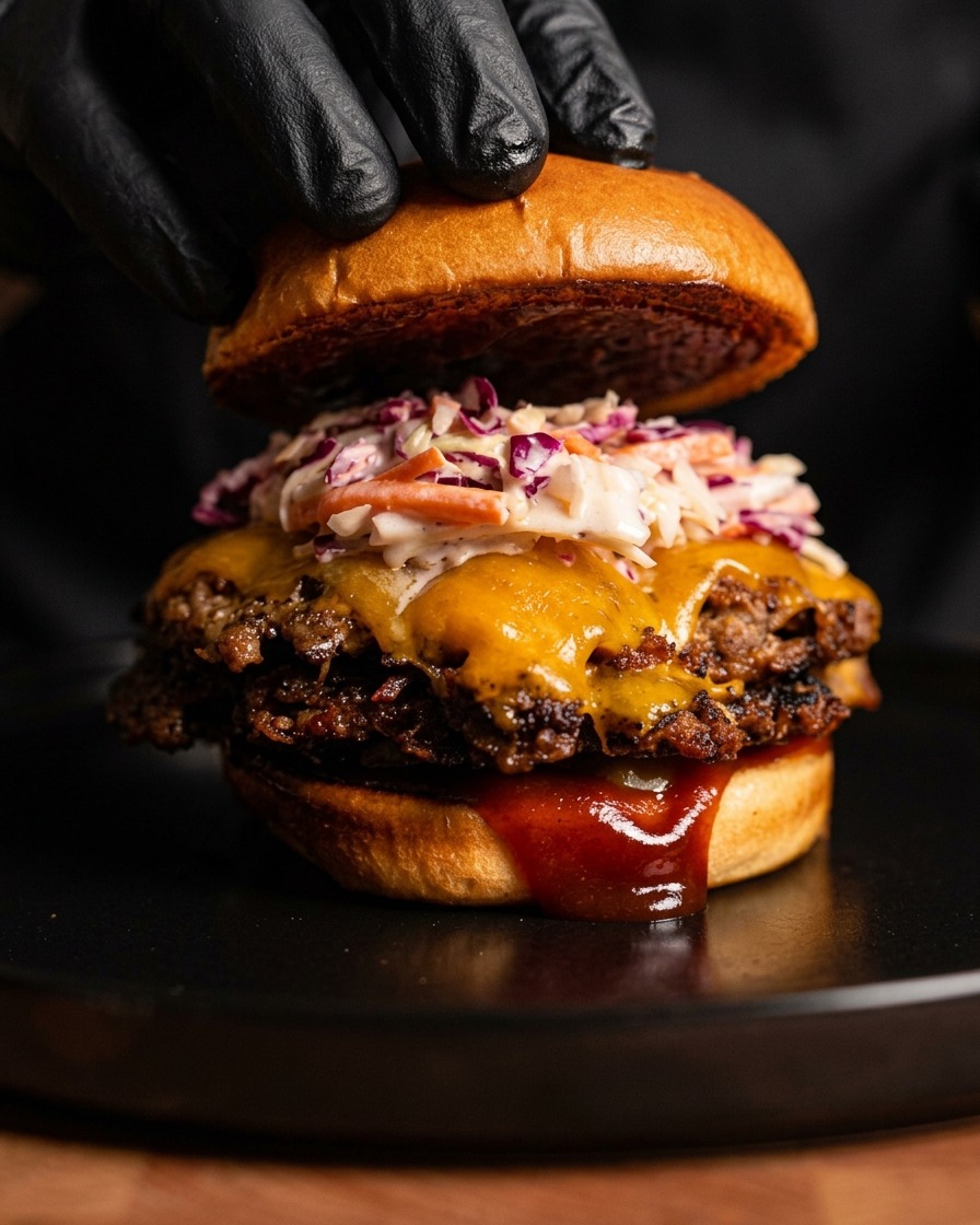 Ein Burger mit knusprigen Pulled-Pork-Patties, geschmolzenem Käse und Krautsalat wird mit dem Brötchendeckel belegt.