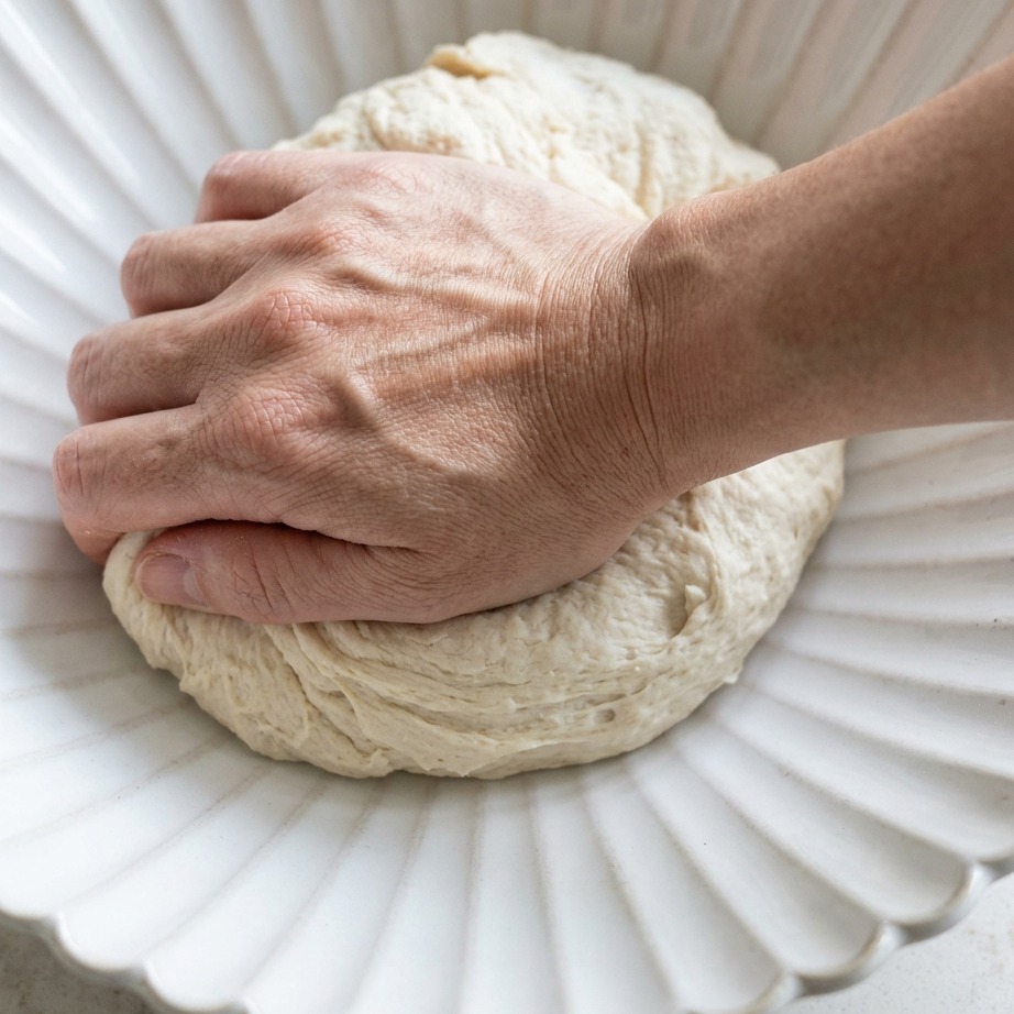Hände kneten einen groben Pizzateig in einer weißen Keramikschüssel.