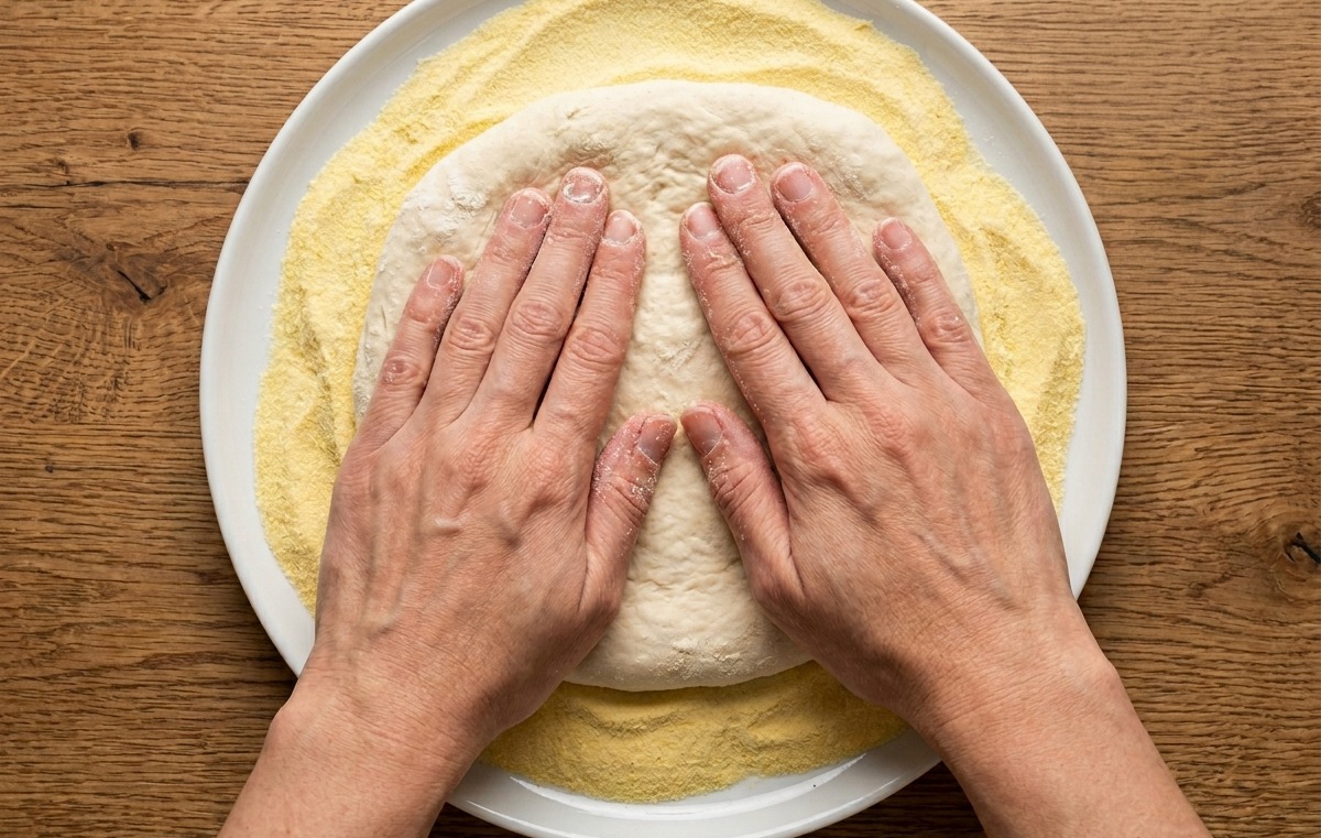 Hände drücken einen Teigballen auf einer Schicht Hartweizengrieß flach und formen ihn zu einer Pizza.