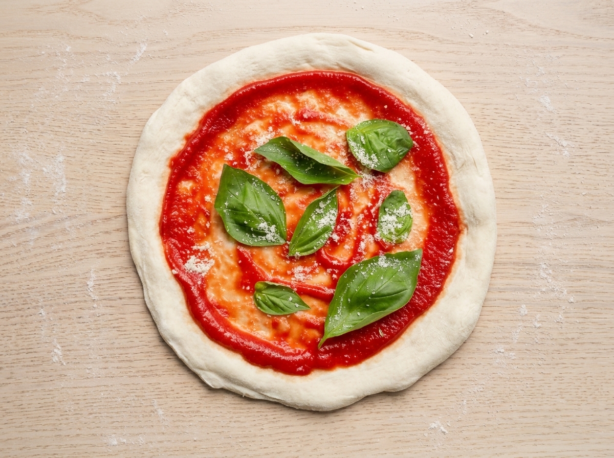 Ein Pizzaboden belegt mit leuchtend grünen Basilikumblättern und Stücken von weißem Mozzarella.