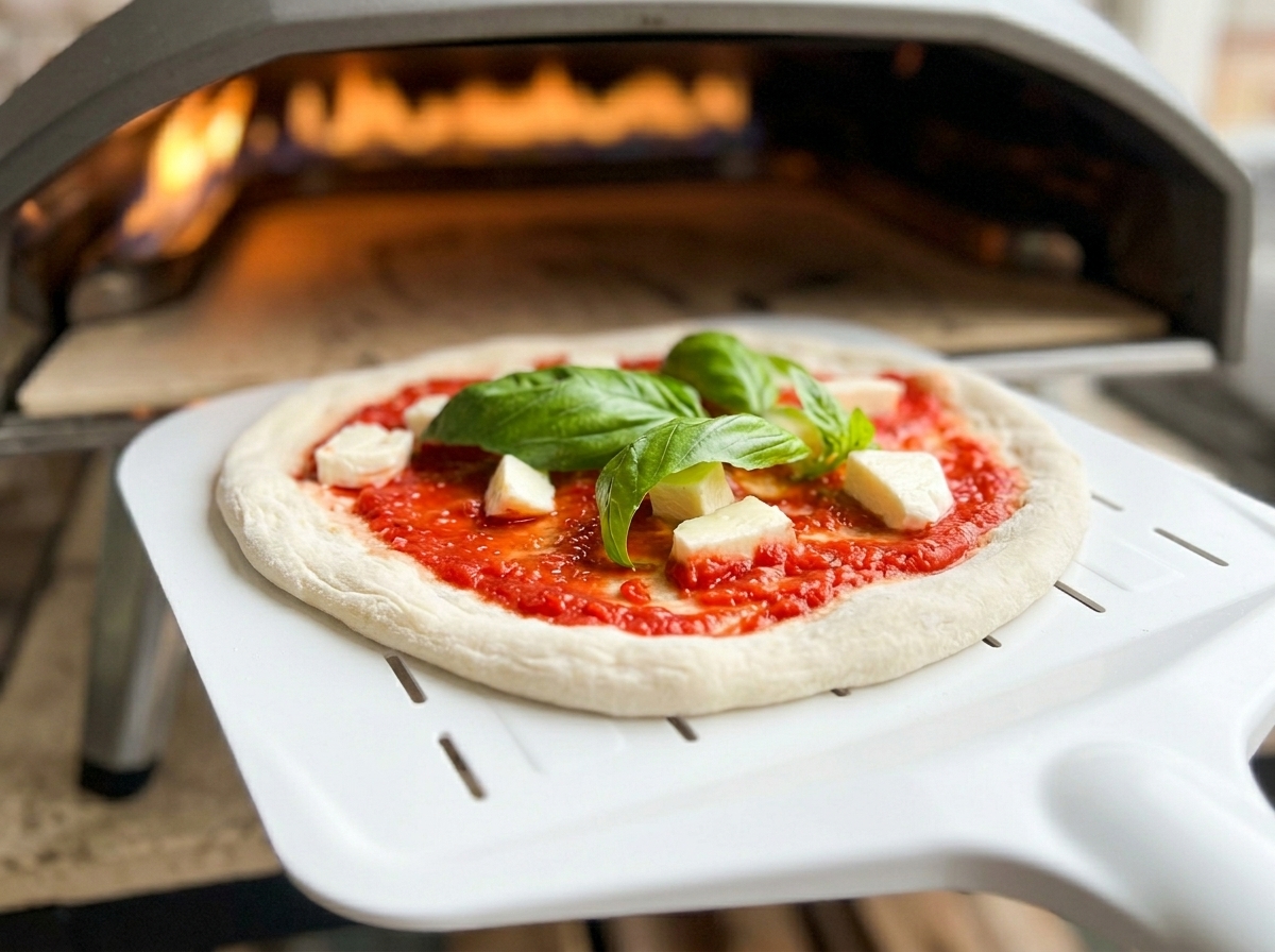 Eine fertig belegte Pizza gleitet von einem weißen Pizzaschieber in einen brennend heißen Outdoor-Pizzaofen.