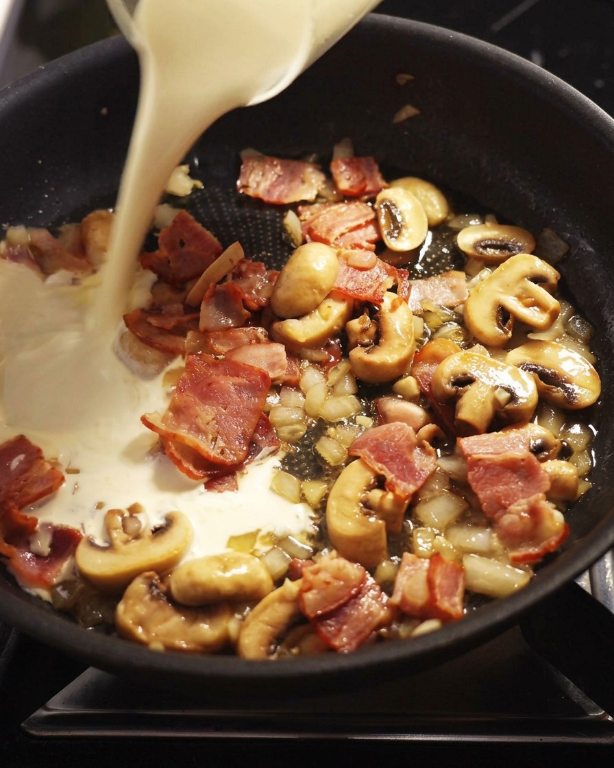 Schlagsahne wird in die Pfanne mit angebratenem Speck und Pilzen gegossen.