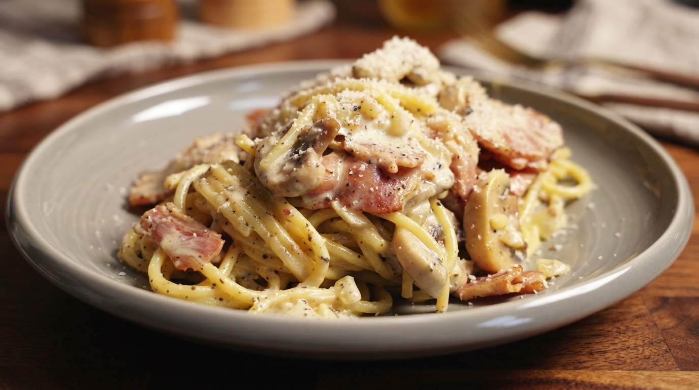 Cremige Trüffel-Pasta mit Speck und Champignons