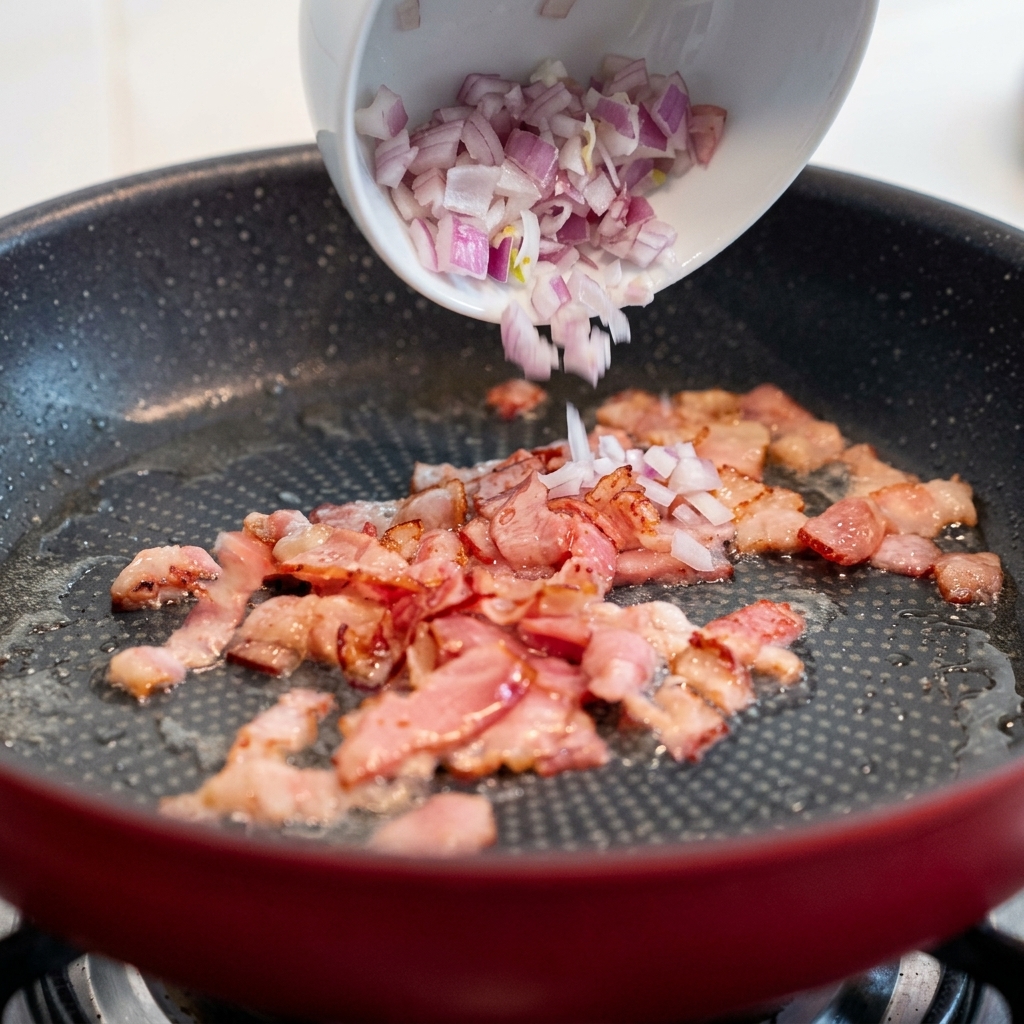 Eine Mischung aus Pilzen, Zwiebeln und Speck, die zusammen in der Pfanne schmort.