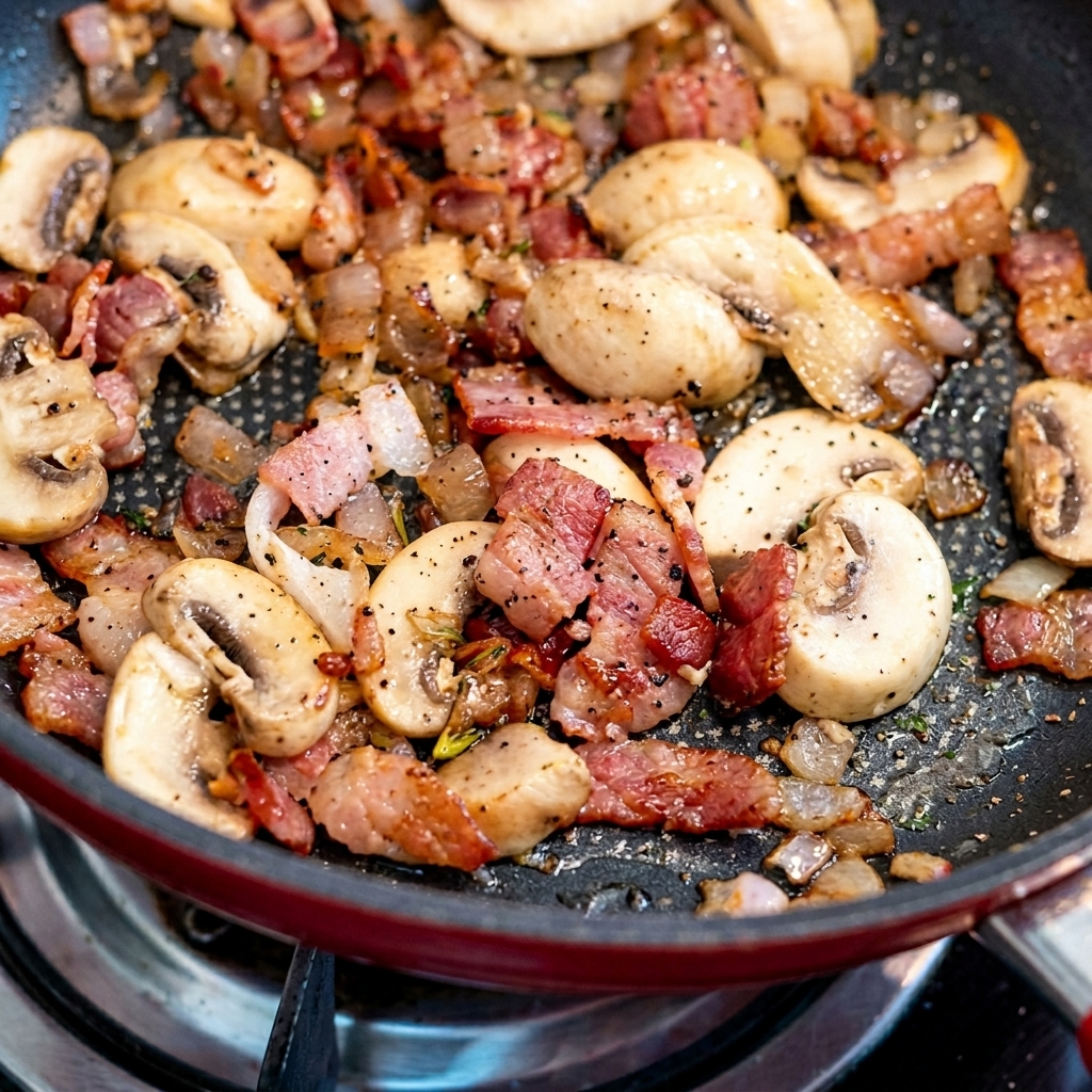 Pasta, die mit Speck, Pilzen und der cremigen Trüffelsauce in der Pfanne geschwenkt wird.