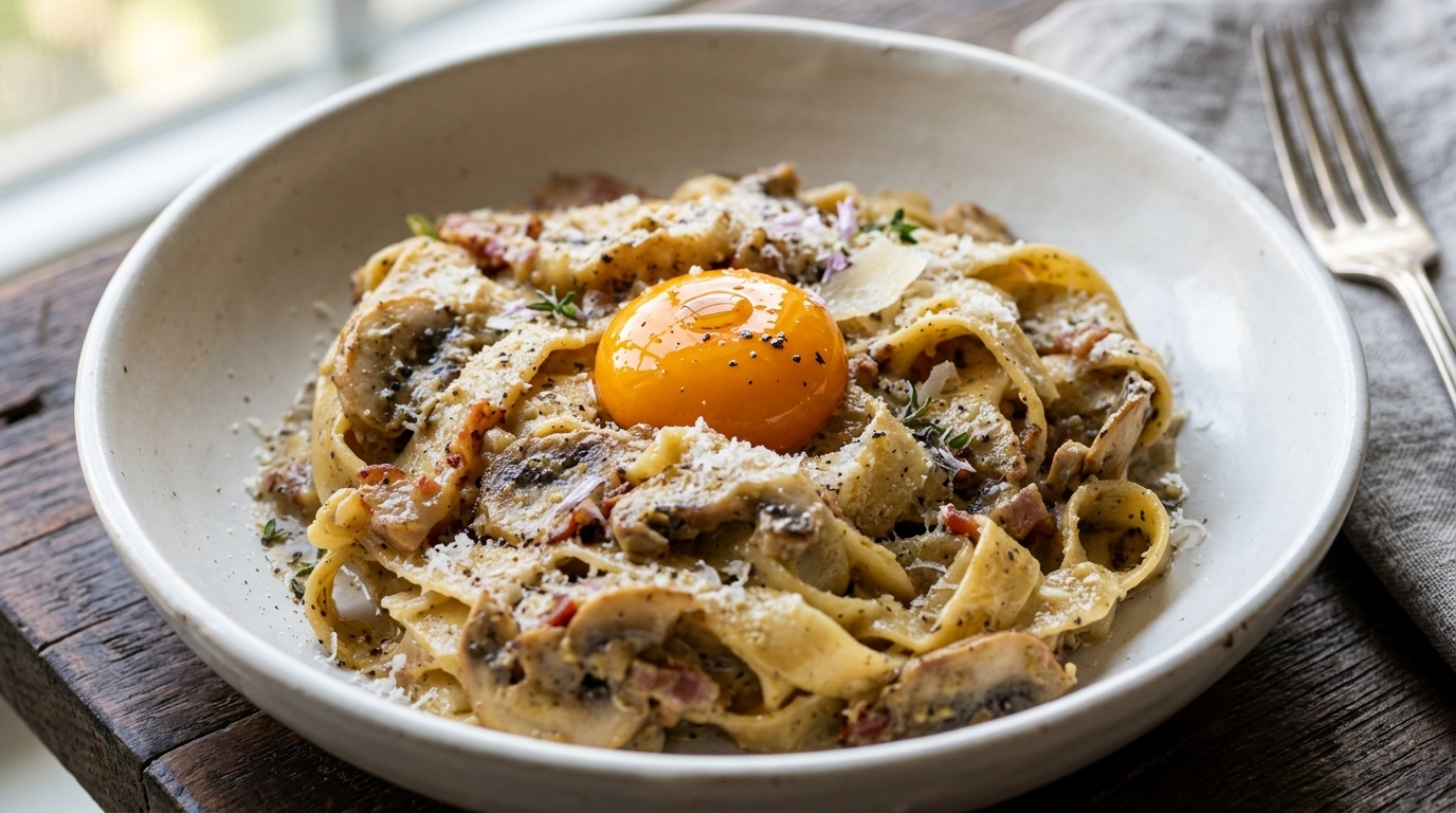 Pasta mit schwarzem Trüffel, Speck und cremiger Eigelb-Sauce