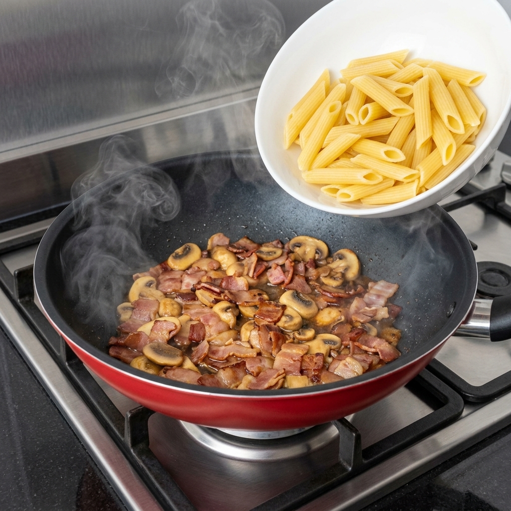Gekochte Penne-Nudeln werden zur Pfanne mit Speck und Pilzen gegeben, um vermengt zu werden.
