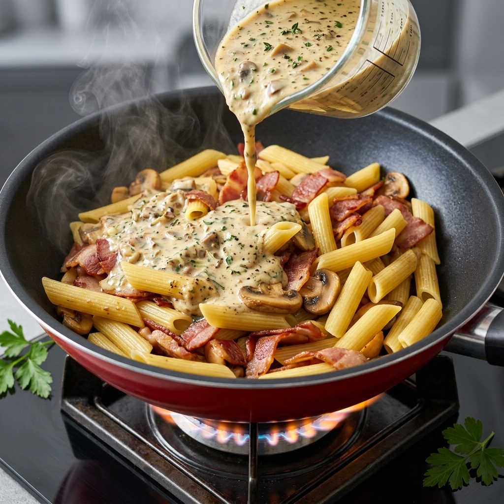 Eine cremige, glänzende Sauce überzieht die Nudeln in der Pfanne, feine Sprenkel von schwarzem Trüffel sind sichtbar.