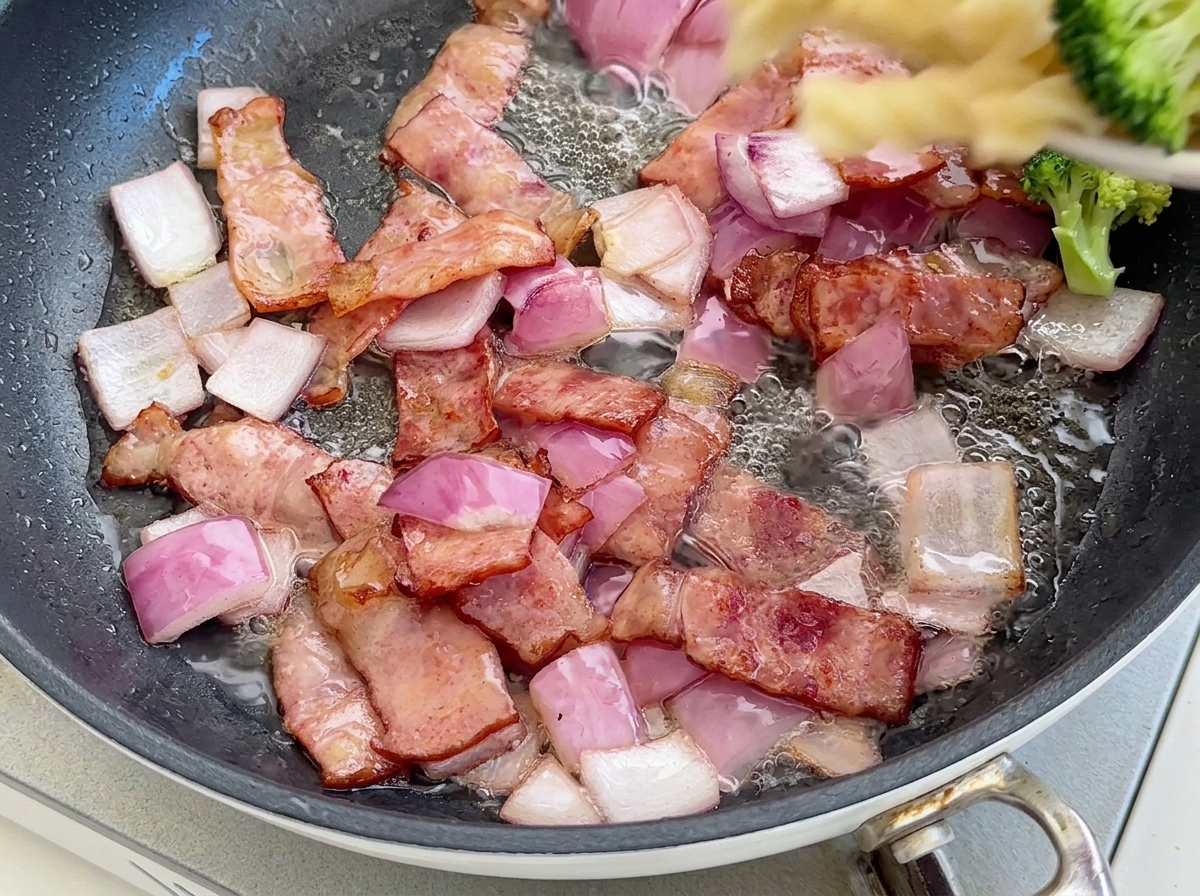 Gekochte Fusilli und leuchtend grüne Brokkoliröschen werden in eine Pfanne mit brutzelndem Speck und roten Zwiebeln gegeben.