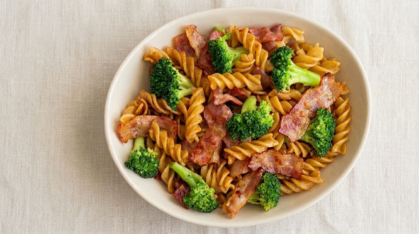 Fusilli mit Speck, Brokkoli und schwarzem Trüffel
