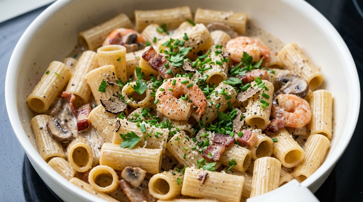 Cremige Trüffel-Pasta mit Speck und Garnelen