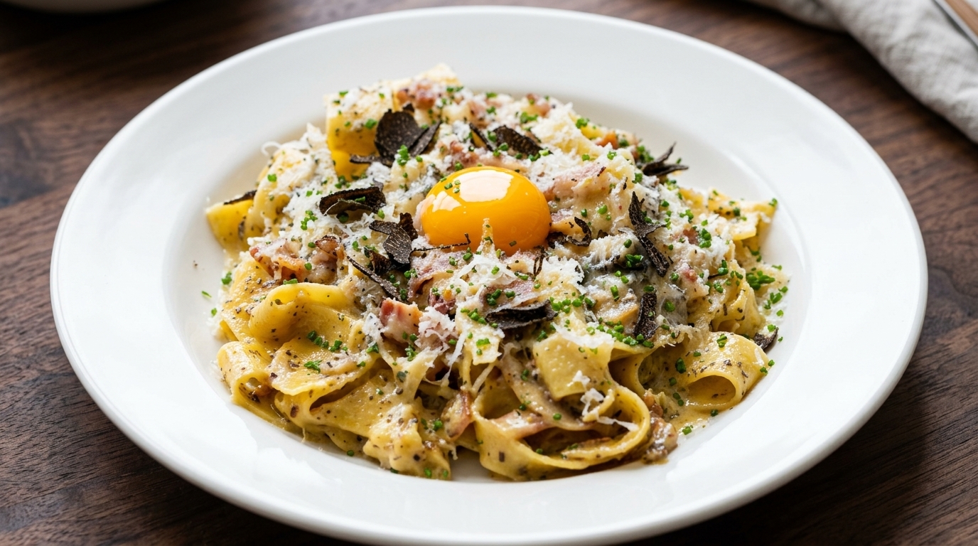 Luxuriöse Schwarze Trüffel-Carbonara mit Eigelb