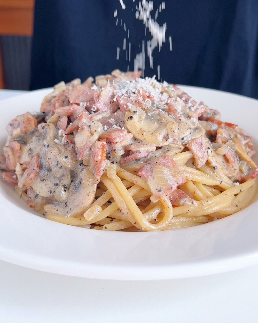 Nahaufnahme einer Schüssel mit cremiger Pasta, Bacon und Champignons, die mit frisch geriebenem Parmesan garniert wird.