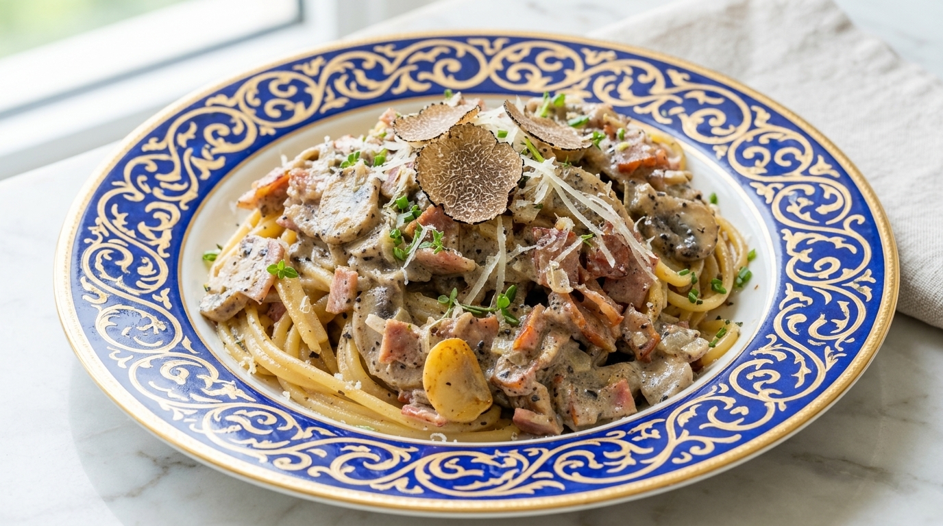 Cremige schwarze Trüffel-Pasta mit Bacon und Champignons