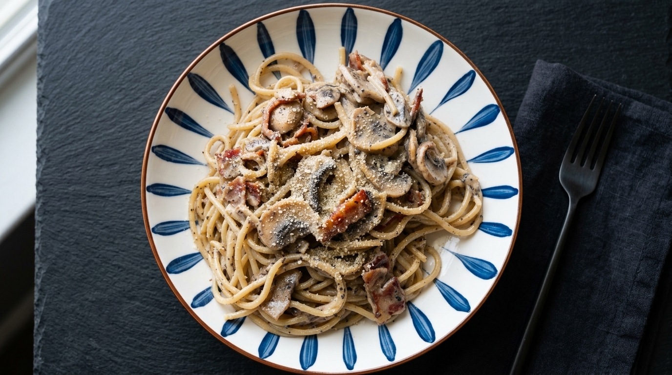 Cremige Spaghetti mit schwarzem Trüffel, Speck und Pilzen