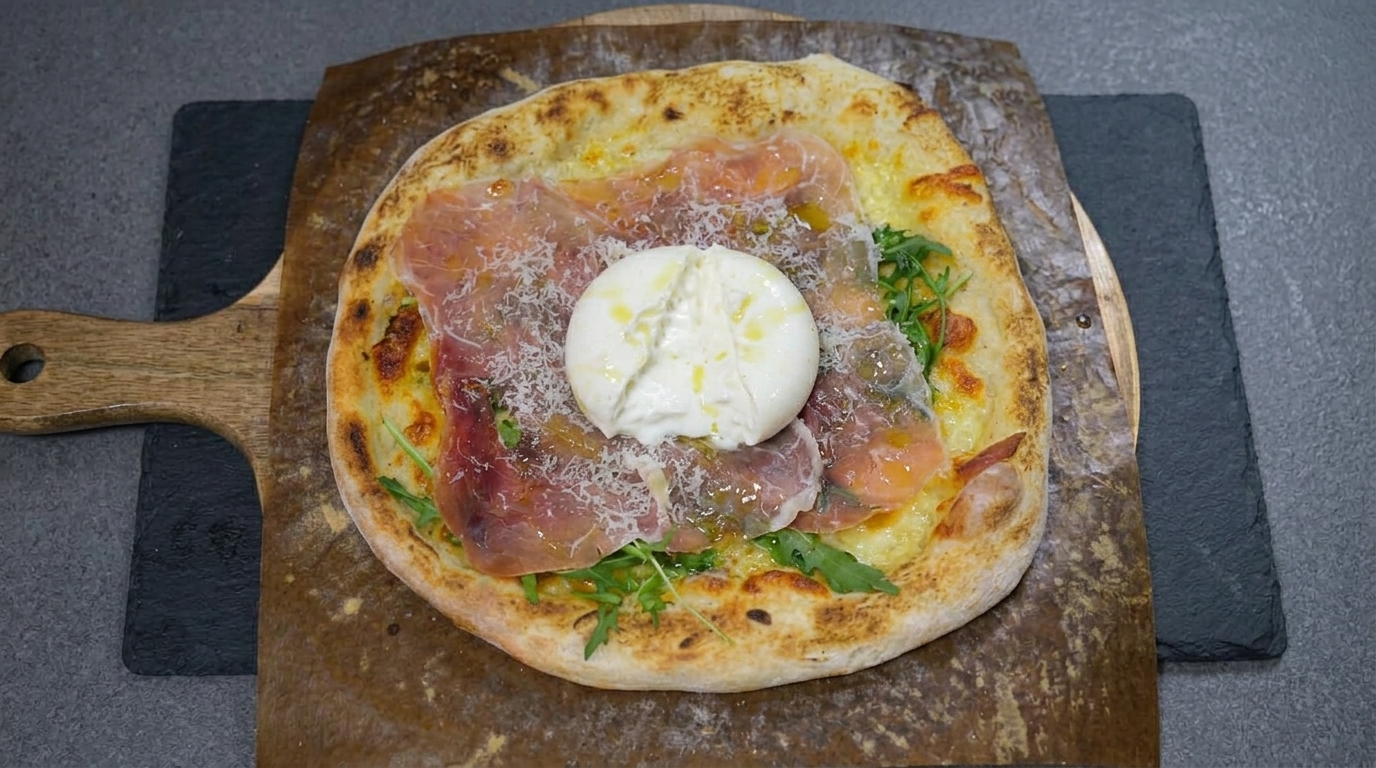 Handwerkliche Pizza mit Parmaschinken und Burrata
