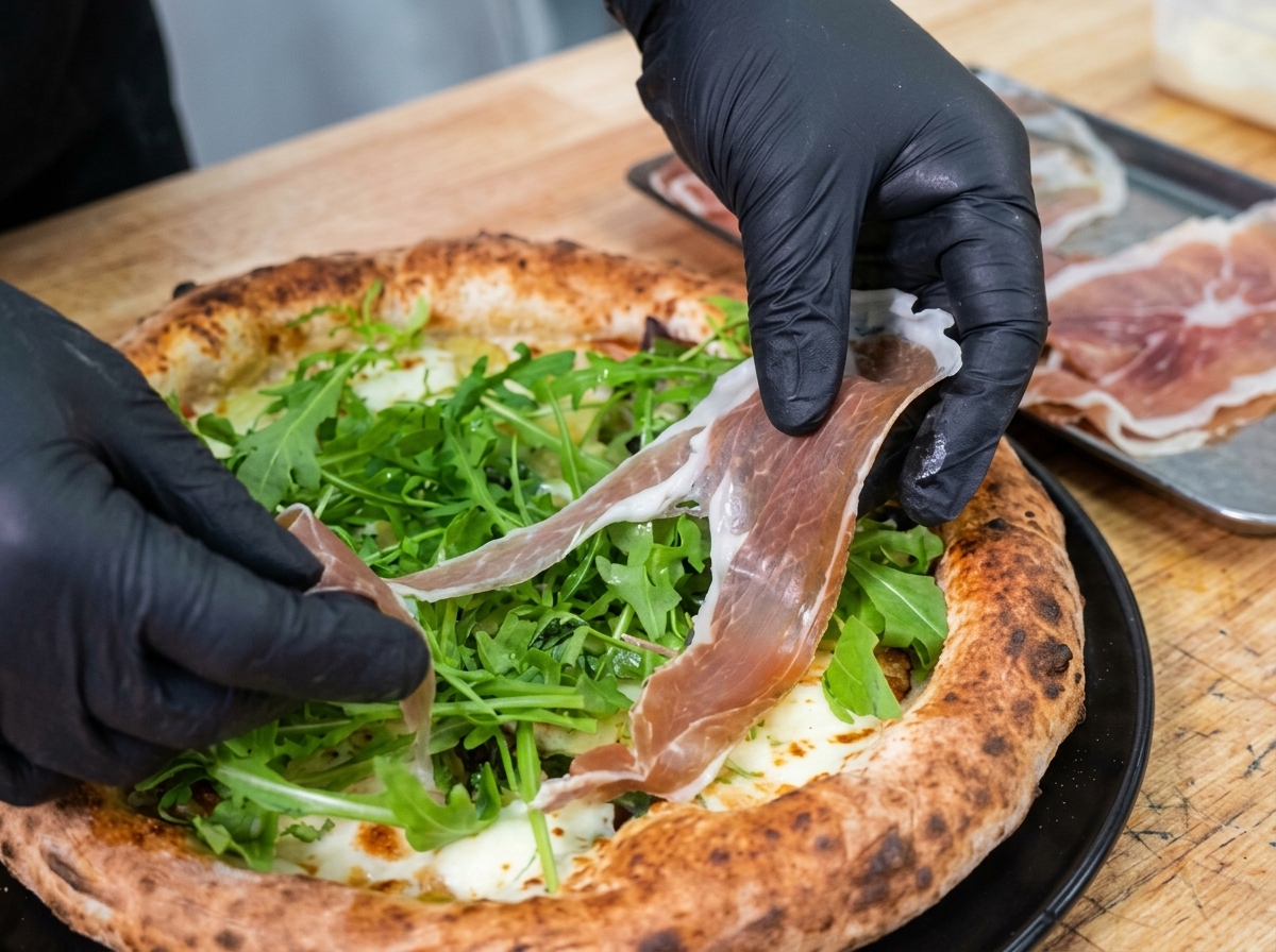 Hauchdünne Scheiben von Prosciutto werden über das Rucolabett der Pizza geschichtet.