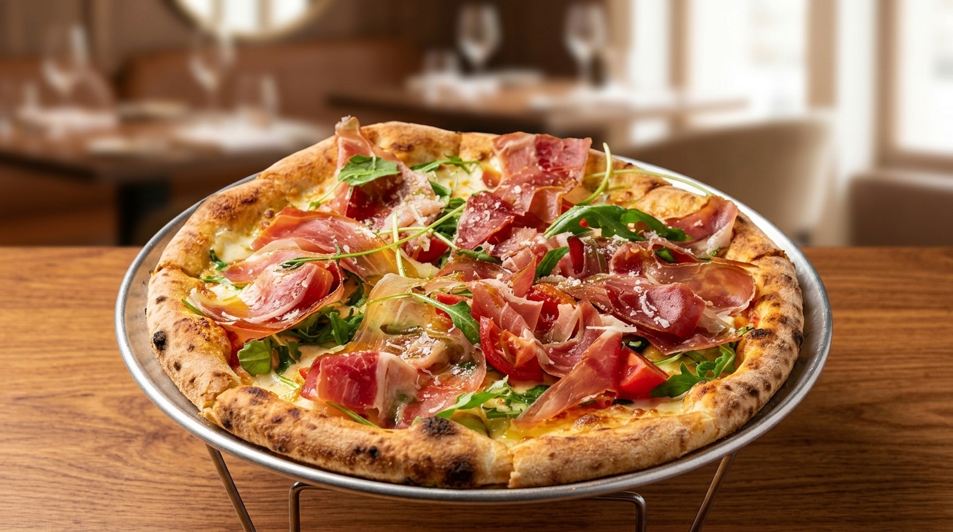 Klassische italienische Pizza mit Parmaschinken und Rucola