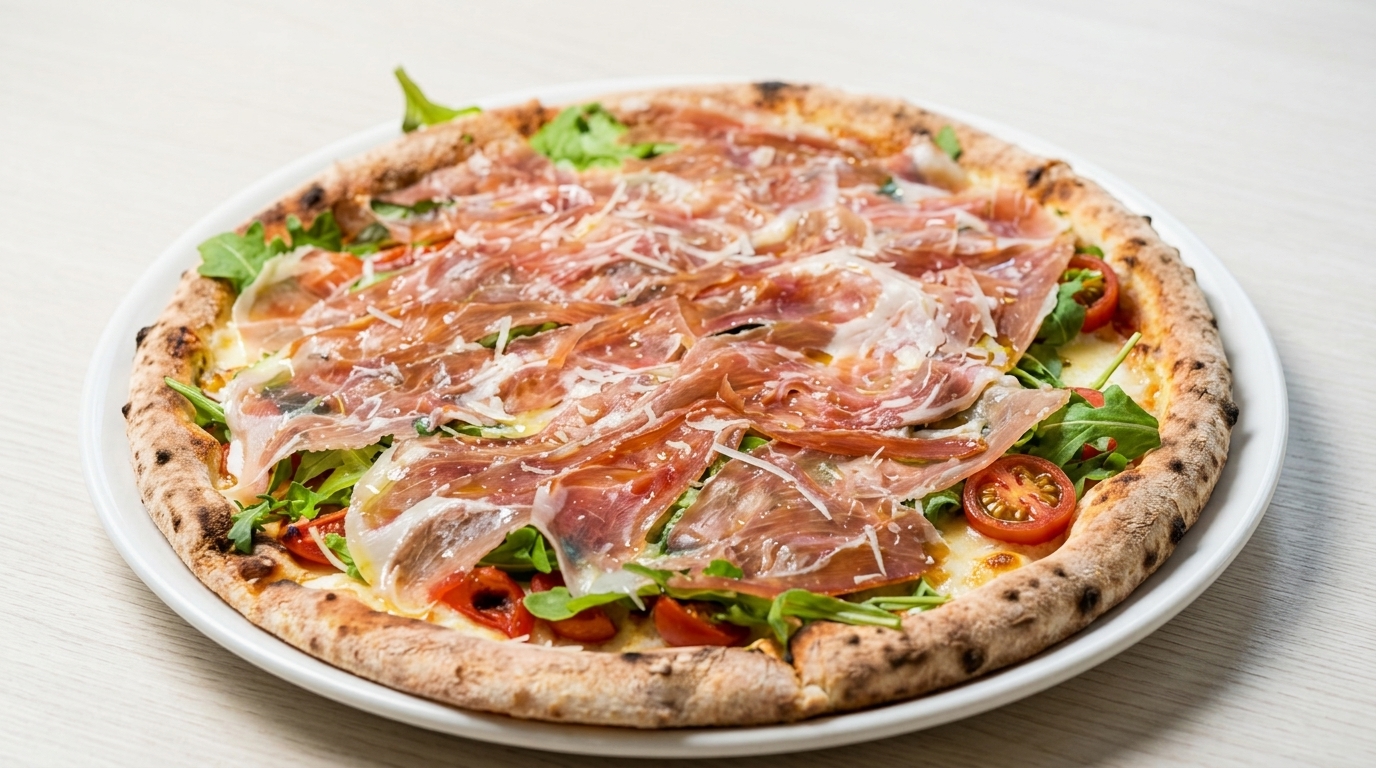 Neapolitanische Pizza mit Parmaschinken und Rucola
