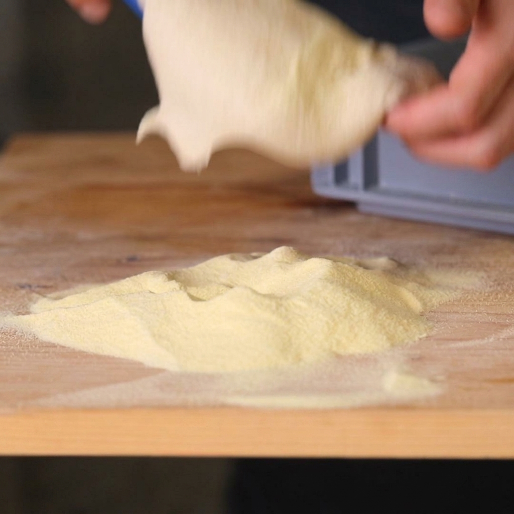 Ein Stück frischer Pizzateig wird auf eine stark mit gelbem Hartweizengrieß bestäubte hölzerne Arbeitsfläche gelegt.