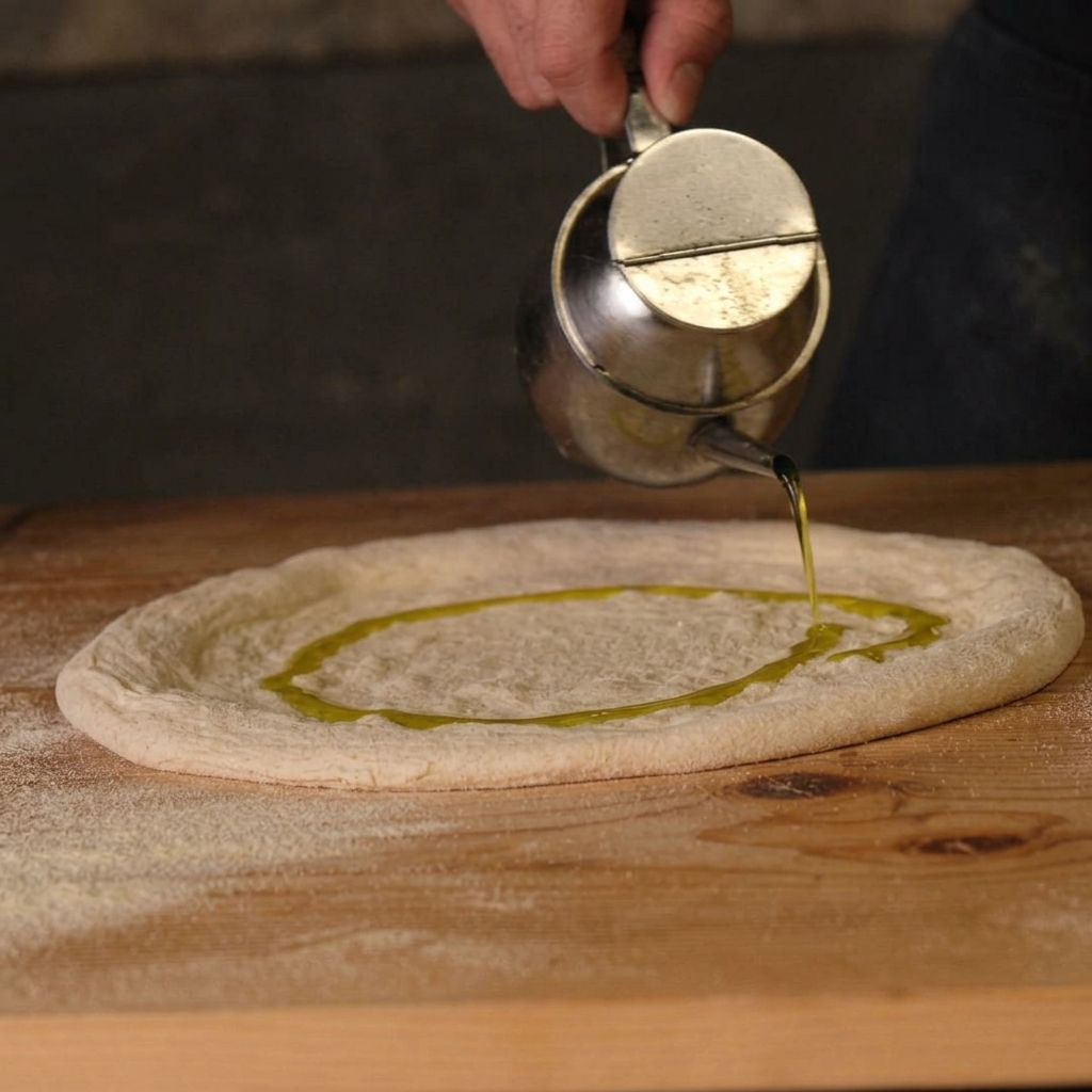 Unraffiniertes natives Olivenöl extra wird aus einem Metallkännchen auf einen runden Pizzateig gegossen.