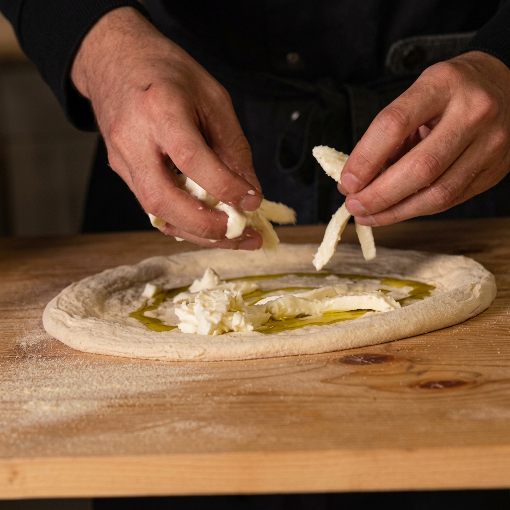 Hände zerrupfen frischen weißen Büffelmozzarella in Stücke und legen ihn auf den rohen, mit Olivenöl beträufelten Pizzateig.