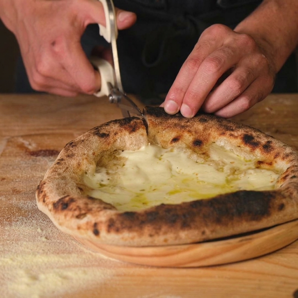 Hände verwenden eine weiße Küchenschere, um eine frisch gebackene Pizza mit geschmolzenem, blubberndem Mozzarella auf einem Holzbrett vorsichtig zu zerschneiden.