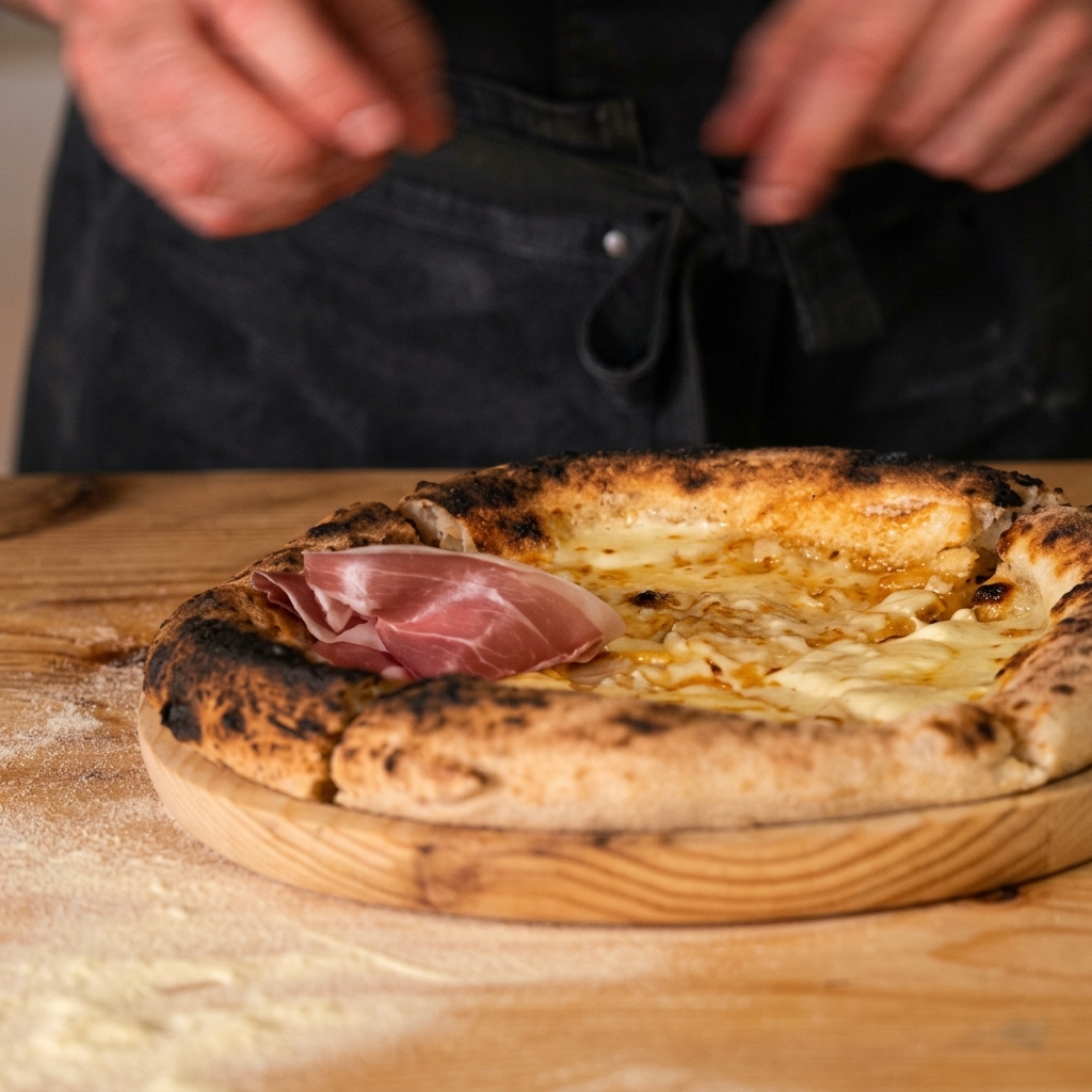 Hände legen eine gefaltete, hauchdünne Scheibe rosa Parmaschinken behutsam auf eine gebackene Pizza mit geschmolzenem Käse.