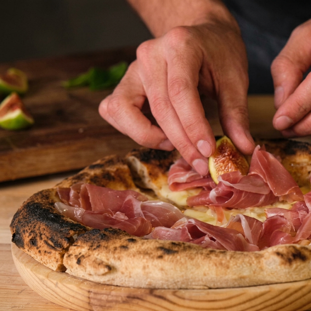 Hände platzieren vorsichtig eine frische Feigenspalte auf eine mit Prosciutto belegte, gebackene Pizza.