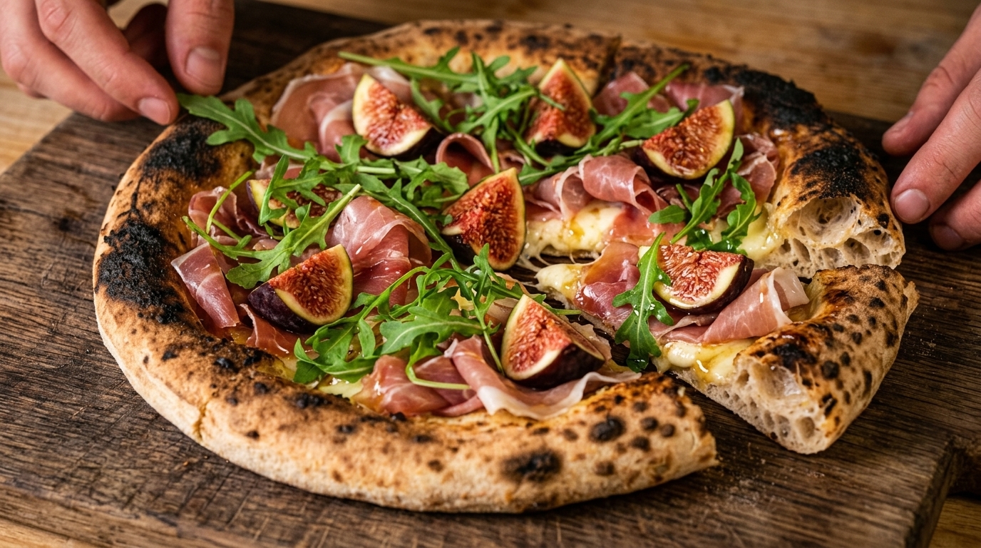 Pizza mit Parmaschinken, Feigen und Chrysanthemen-Honig