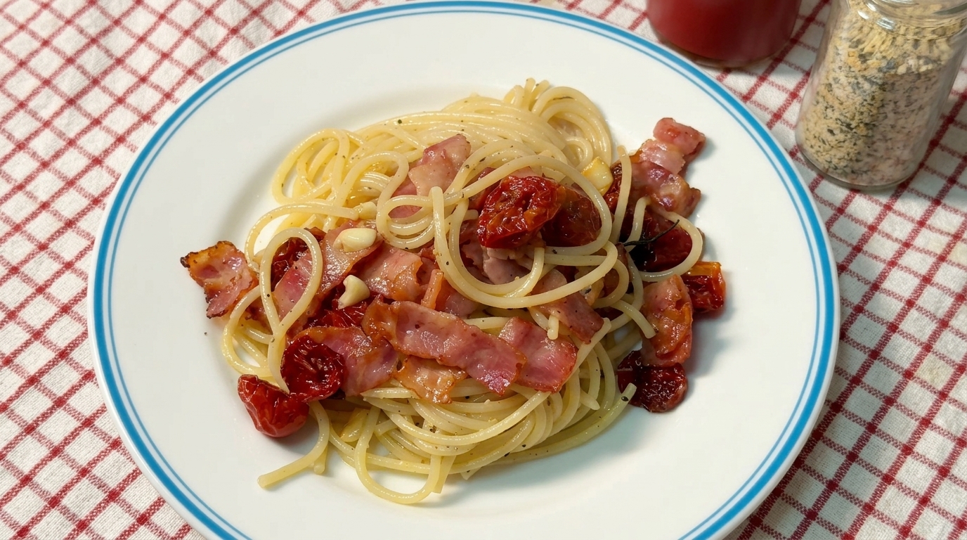 Herzhafte Pasta mit getrockneten Tomaten und Speck