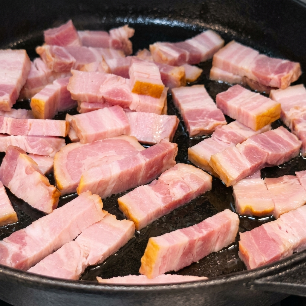 Speckstreifen, die in einer gusseisernen Pfanne braten und ihr Fett abgeben, bis sie schön gebräunt sind.