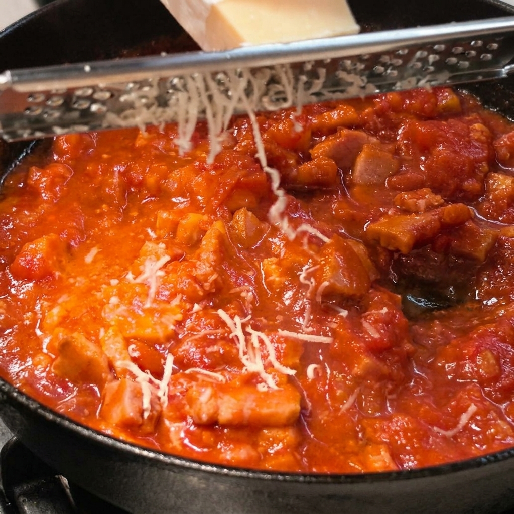 Frischer Parmesan wird direkt in die rote Tomatensauce gerieben.