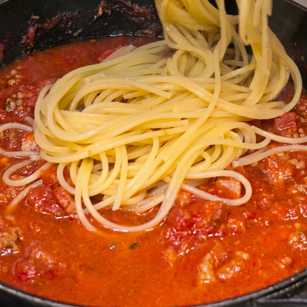 Gekochte Spaghetti werden in eine Pfanne mit blubbernder Tomaten-Speck-Sauce gegeben.