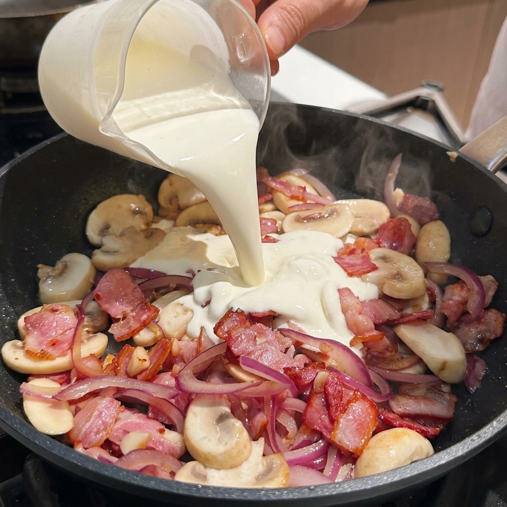 Schlagsahne wird aus einem Glasmessbecher in eine Pfanne mit angebratenem Bacon, Zwiebeln und Pilzen gegossen.