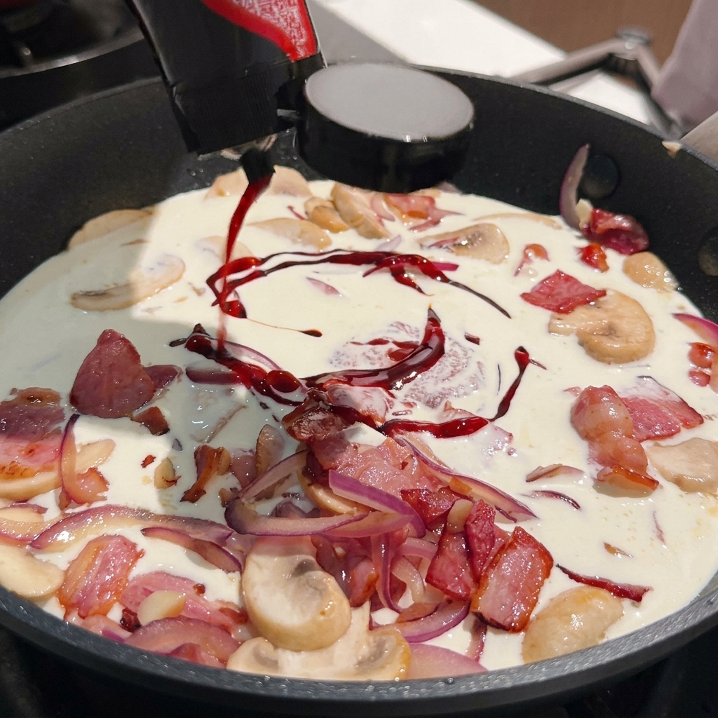 Scharfe, dunkelrote Fire-Chicken-Sauce wird aus einer schwarzen Flasche in die cremige Bacon-Pilz-Mischung in einer Pfanne gepresst.