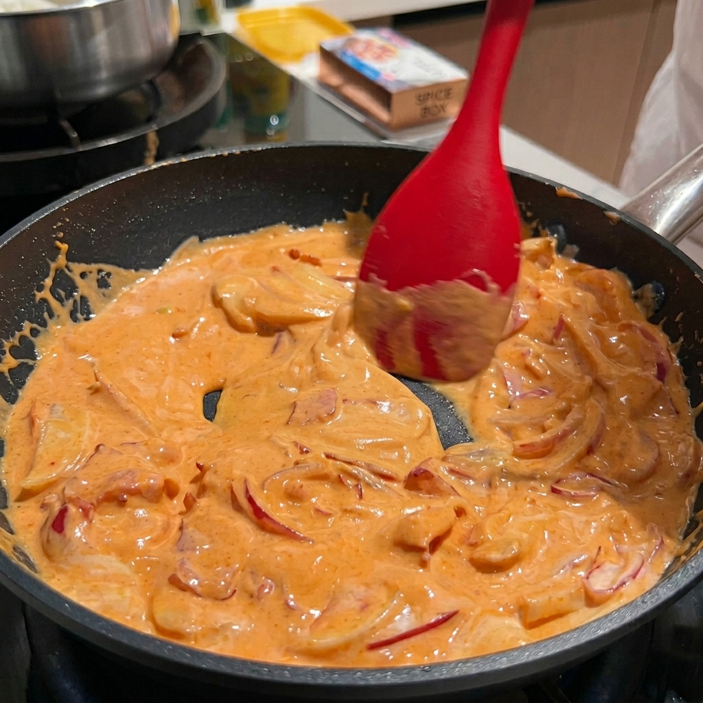 Ein roter Silikonspatel rührt eine leuchtend orangefarbene, cremige und scharfe Sauce in einer heißen Bratpfanne.
