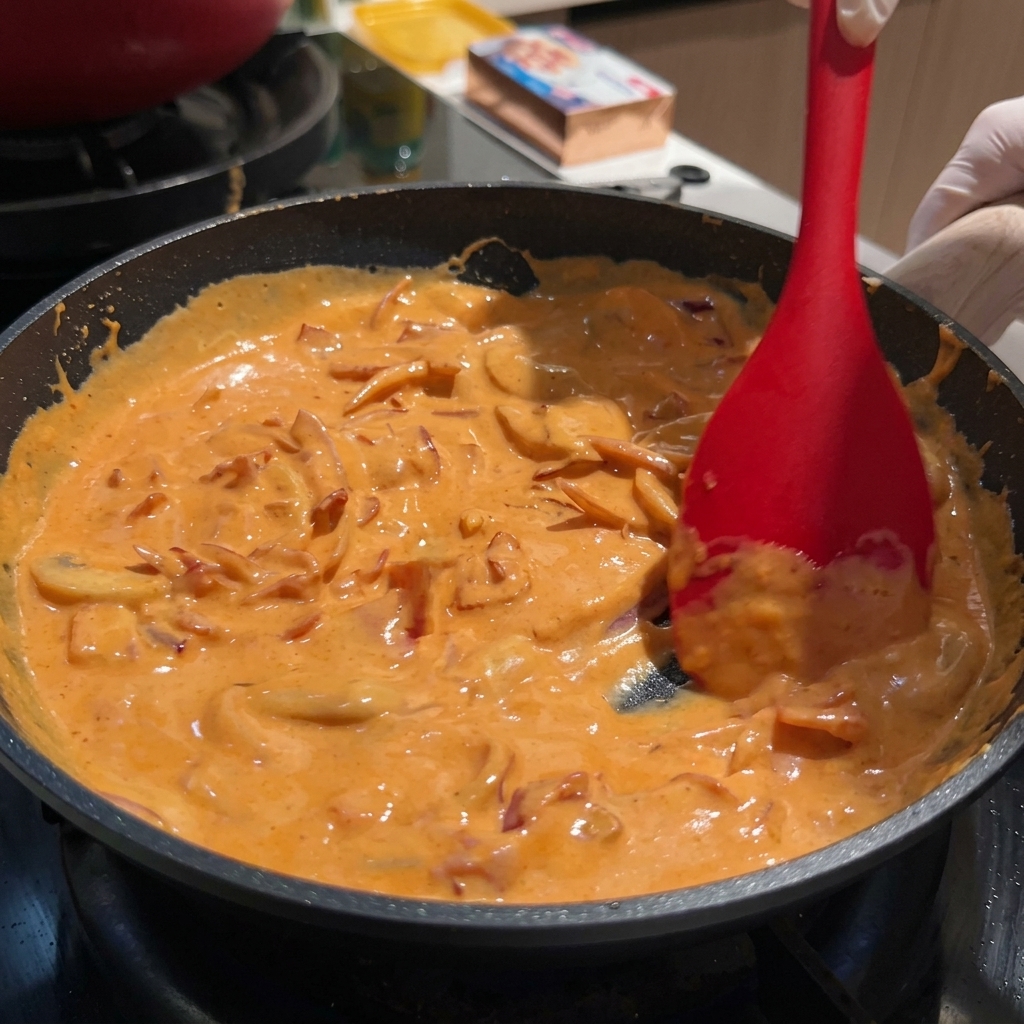 Spaghetti werden in einer schwarzen Bratpfanne in einer cremigen, orangefarbenen Sauce geschwenkt.