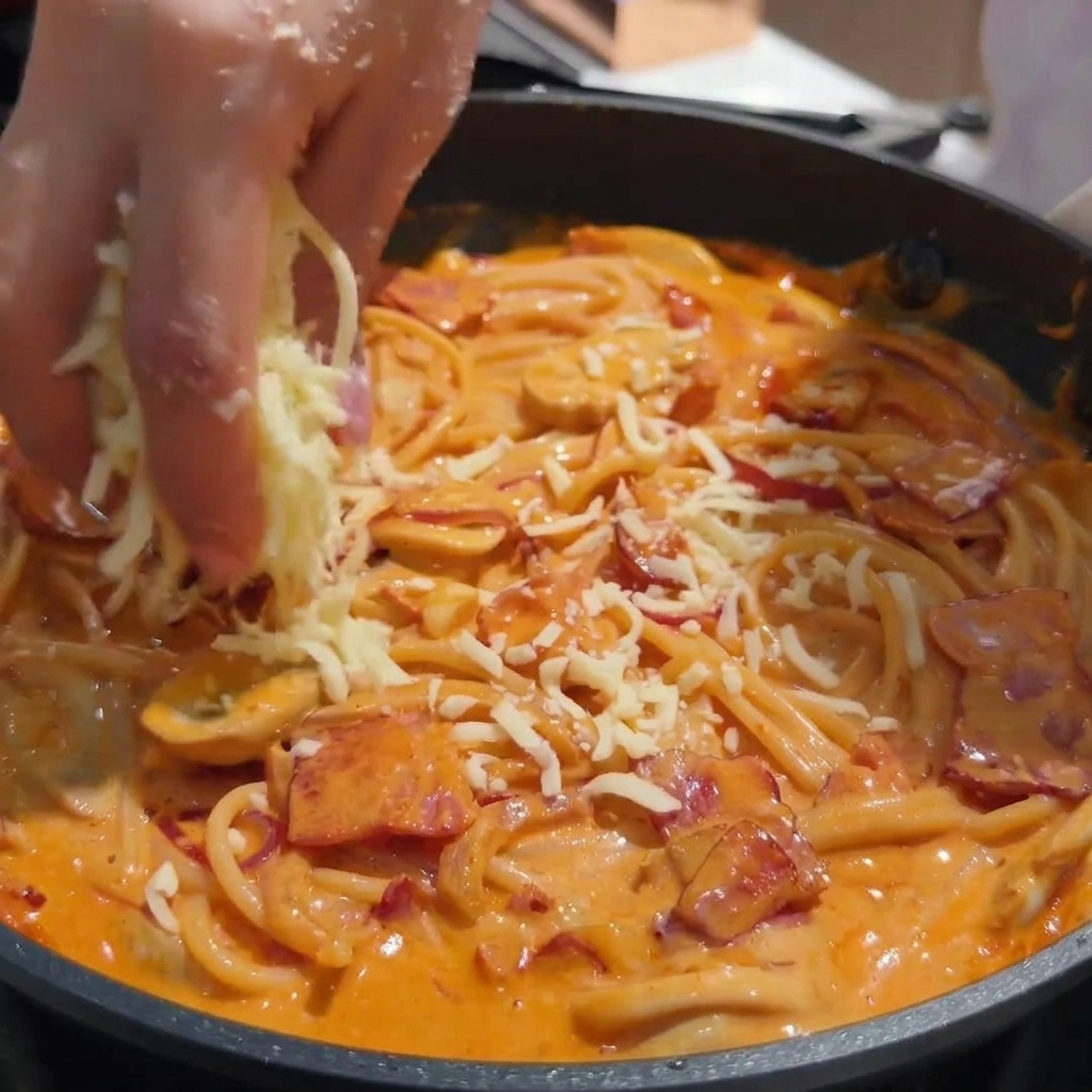 Eine Hand streut geriebenen Mozzarella über eine Pfanne mit cremigen Saucenspaghetti.