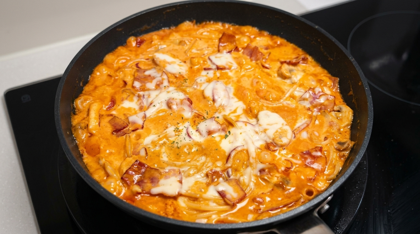 Scharfe Fire-Chicken-Spaghetti mit Bacon und Cremesauce