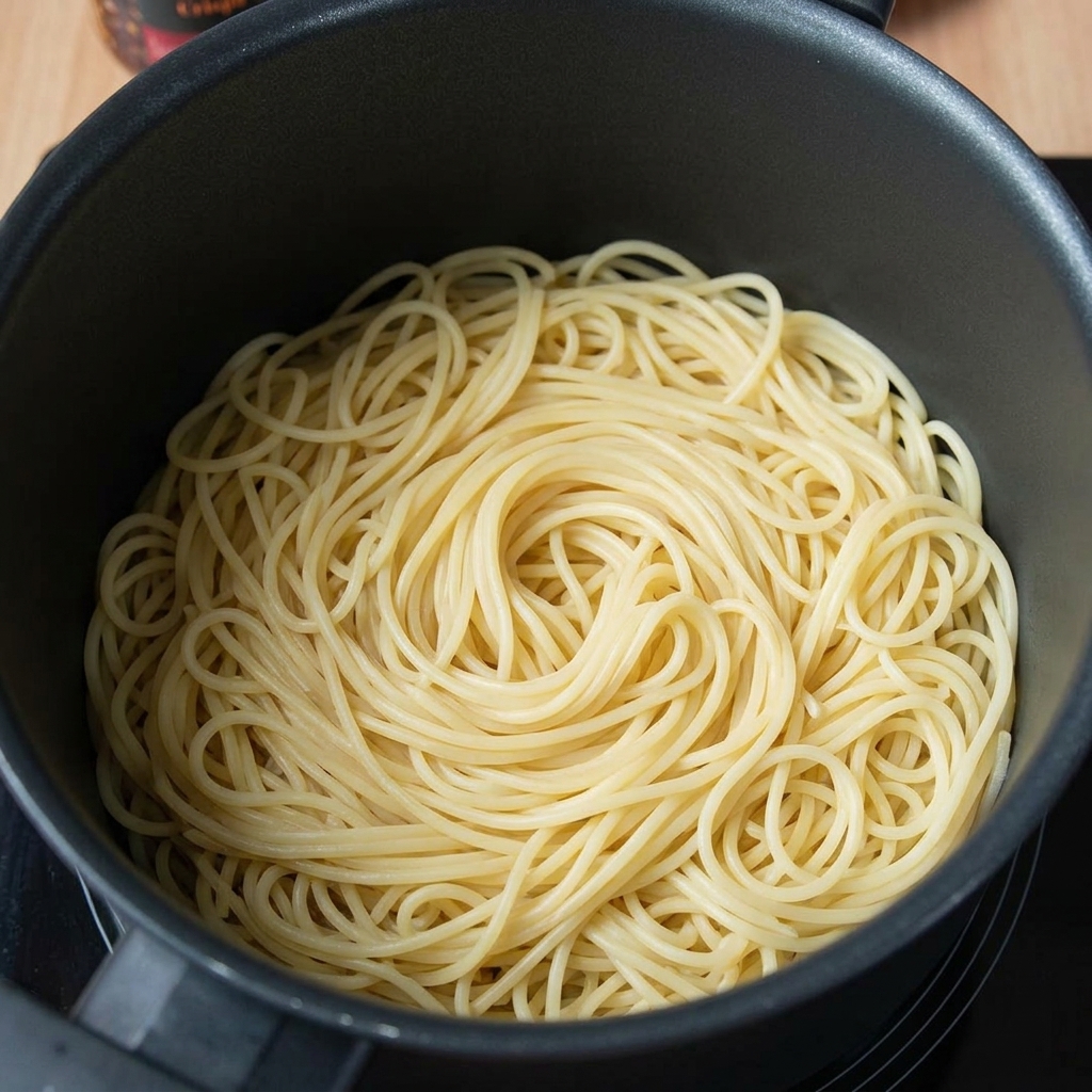 Gekochte Spaghetti werden in einem Topf mit knusprigem Chili-Öl vermengt.
